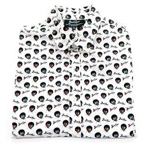 Bob Ross Shirt Men's Size S White Button Up Short Sleeve All Over Face Logo